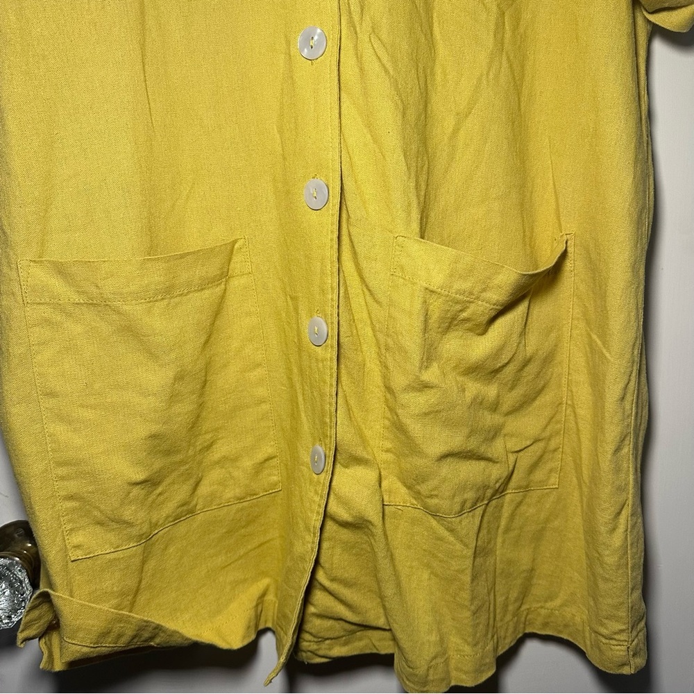 Yellow Linen Blend Short Sleeve Shirt With Pockets, Lagenlook, Beach Cover-up - Picture 3 of 11